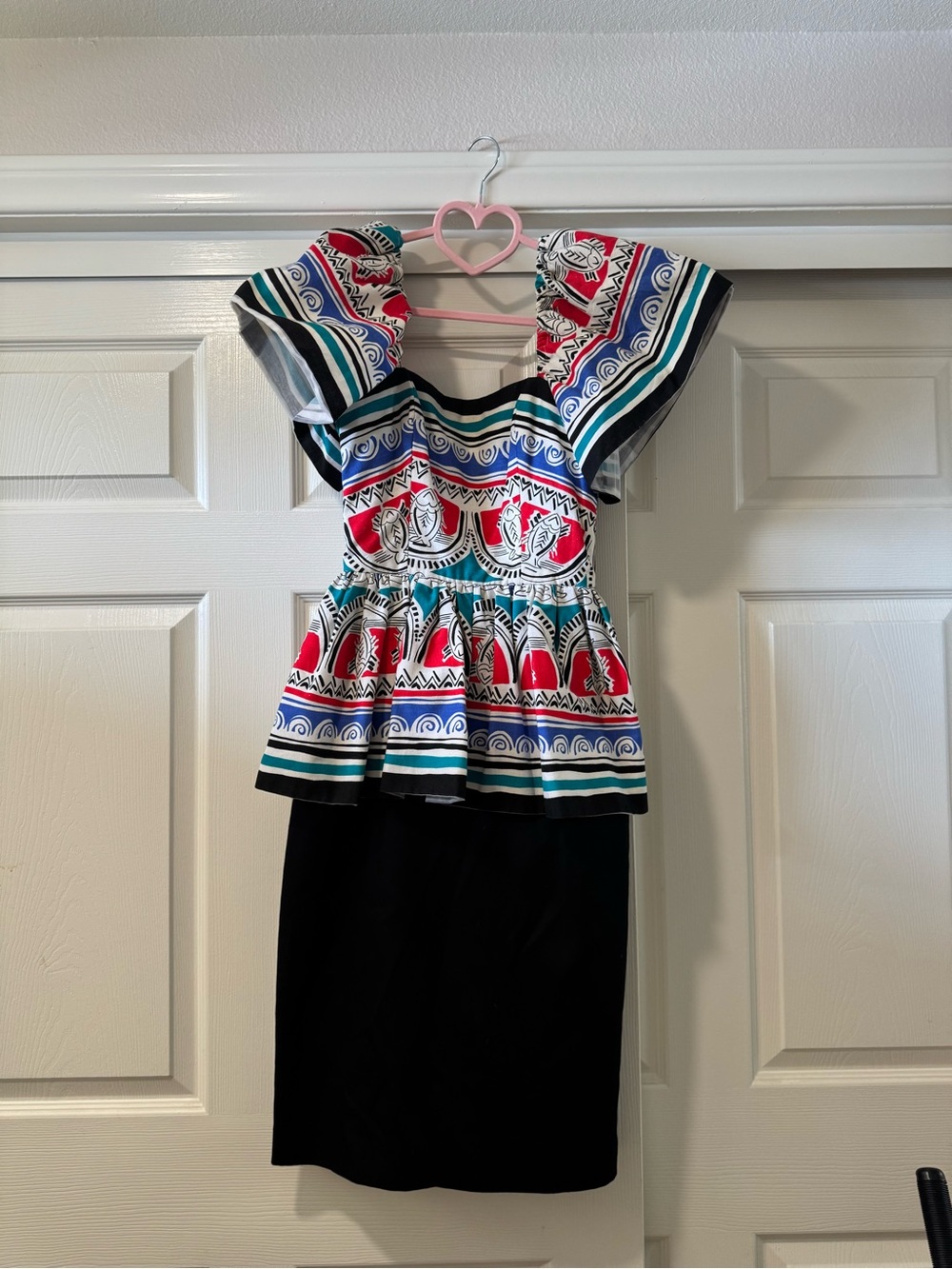 Victor Costa Multicolor Ruffle-Sleeve Peplum Top with Black Skirt